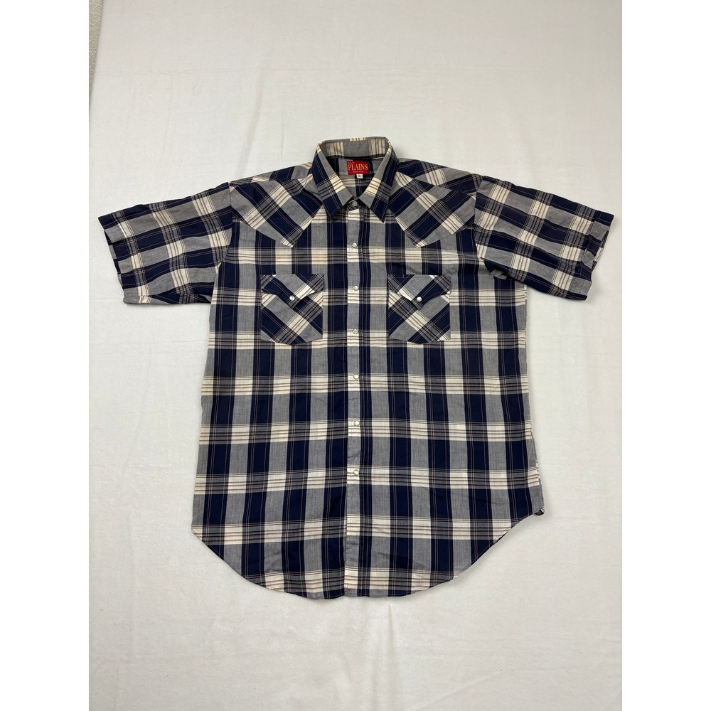 Ely Plains Mens Western Pearl Snap Shirt Large Blue Plaid Short Sleeve Cowboy